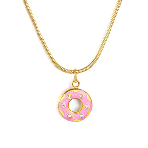 12mm Donut Ring Rhinestone Pendant 1.2 Round Snake Chain Round Tag Necklace Gold