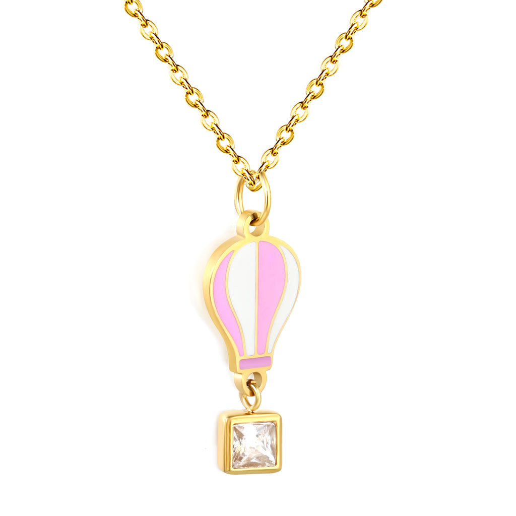 6mm Diamond 10*13mm Hot Air Balloon Pendant 0.4mm Cross Chain Round End Cap Necklace Gold
