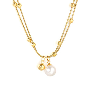 10mm Shell Bead 6mm Steel Bead Pendant 1.2mm Round Snake Clasp Bead Round Tag Necklace Gold