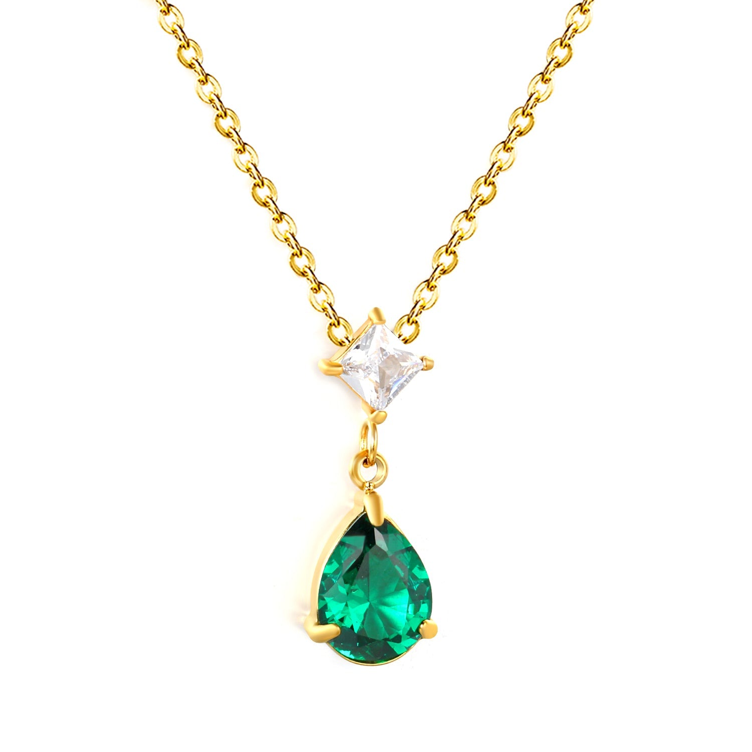 5mm square diamond + 8*11mm green teardrop diamond 0.4ct Angled chain with round pendant Necklace in gold/steel asonjewelry