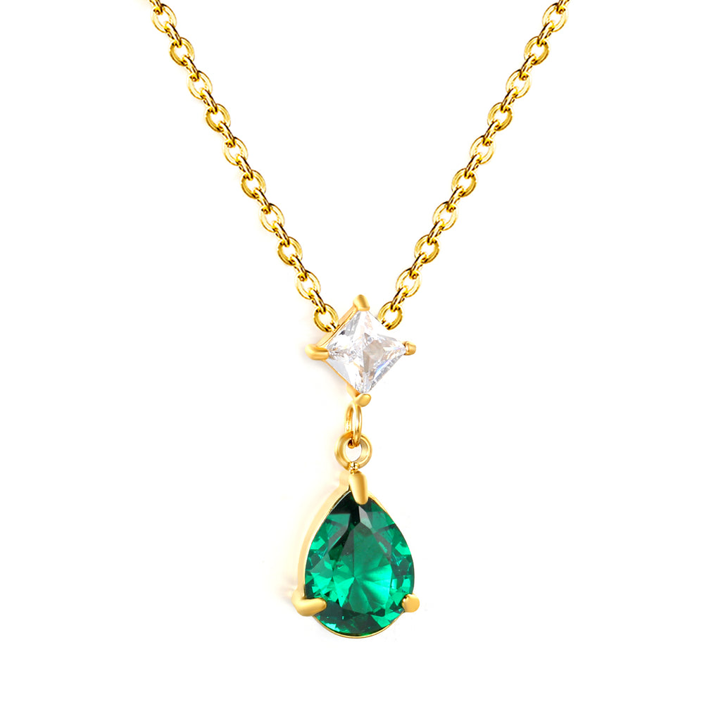 5mm square diamond + 8*11mm green teardrop diamond 0.4ct Angled chain with round pendant Necklace in gold/steel