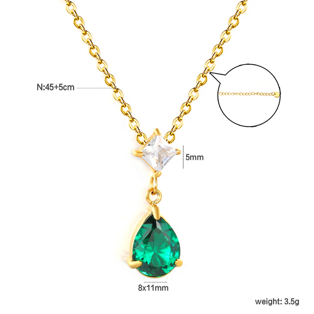 5mm square diamond + 8*11mm green teardrop diamond 0.4ct Angled chain with round pendant Necklace in gold/steel