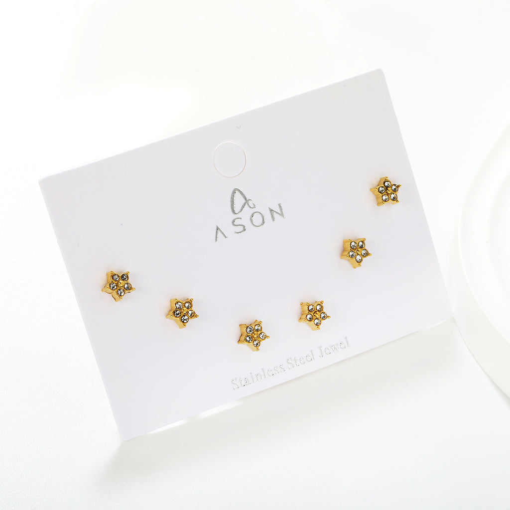 3 pairs of 5mm star stud earrings with white rhinestones in gold