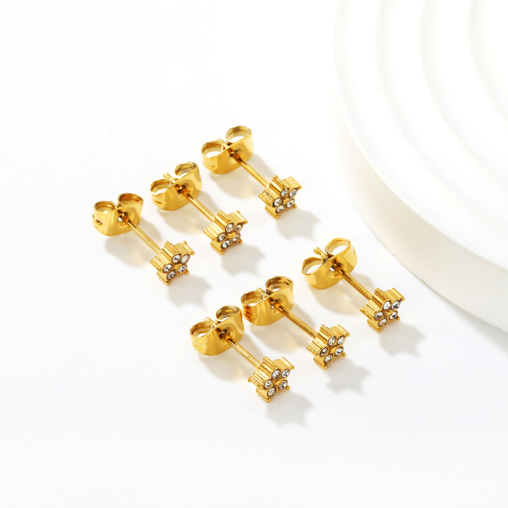 3 pairs of 5mm star stud earrings with white rhinestones in gold