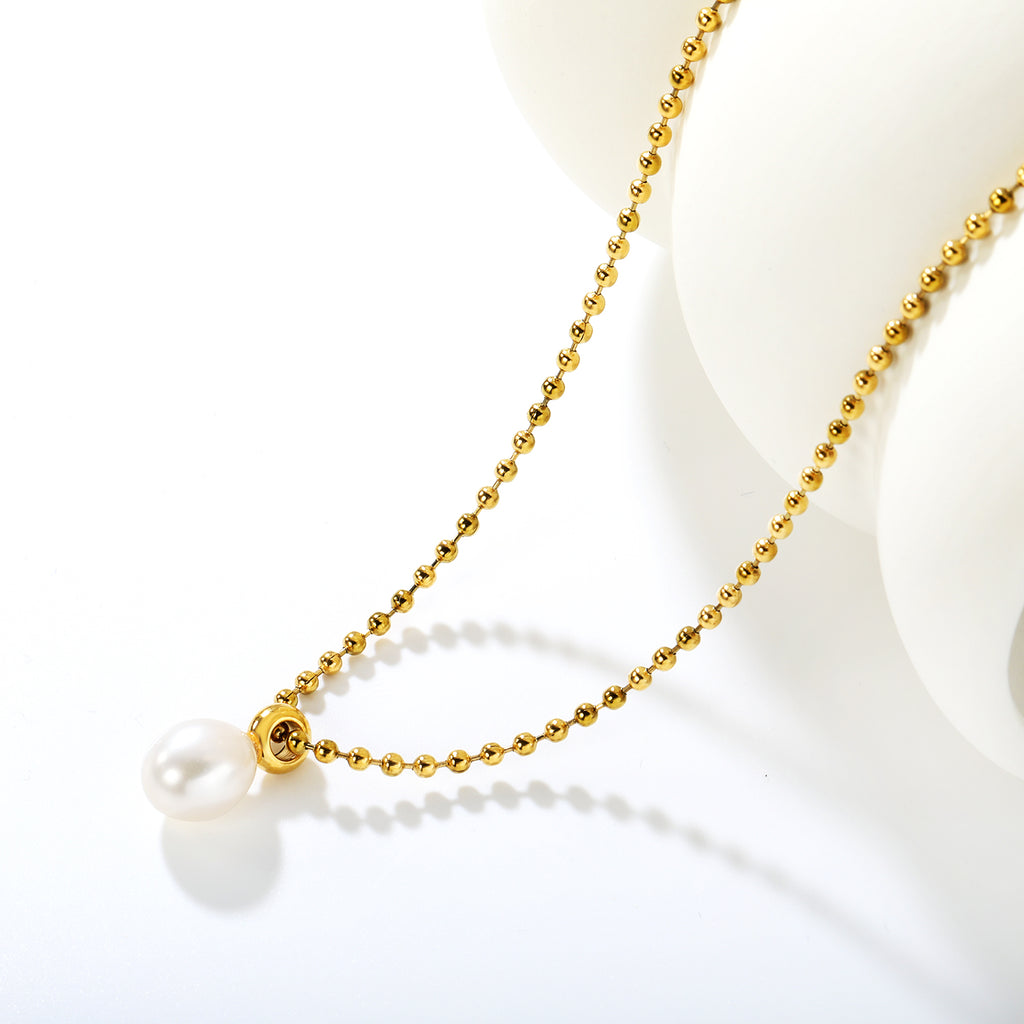 9*11mm Freshwater Pearl Pendant with 2mm Bead Chain and Round End Cap Necklace, Gold
