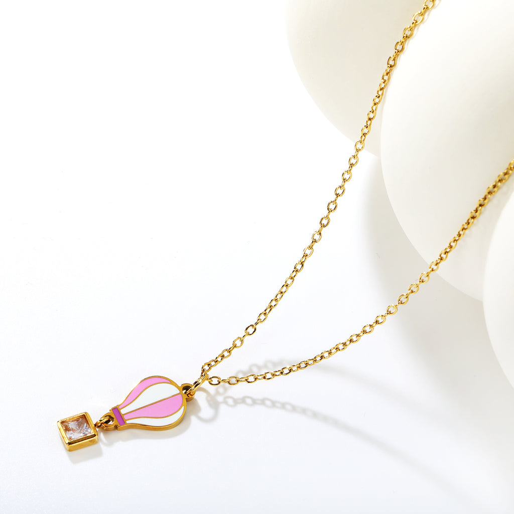 6mm Diamond 10*13mm Hot Air Balloon Pendant 0.4mm Cross Chain Round End Cap Necklace Gold