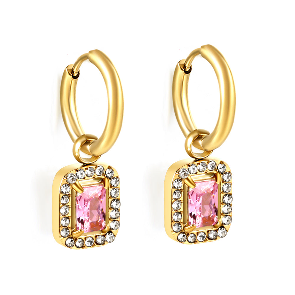 2x13mm circle with rectangular diamond + white diamond hoop earrings