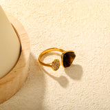 14mm Triangle Tiger's Eye + Czech White Imitation Diamond Open Ring Gold 7#