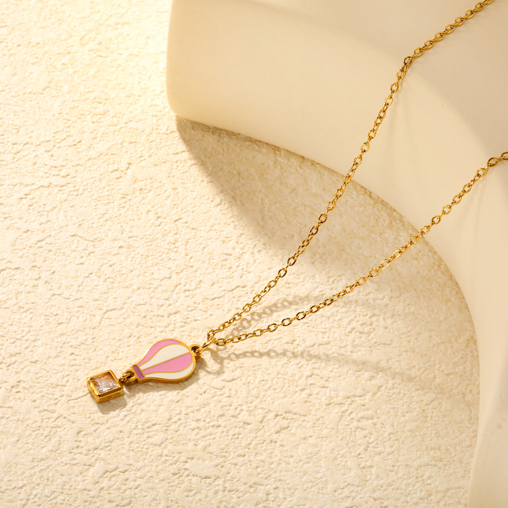 6mm Diamond 10*13mm Hot Air Balloon Pendant 0.4mm Cross Chain Round End Cap Necklace Gold