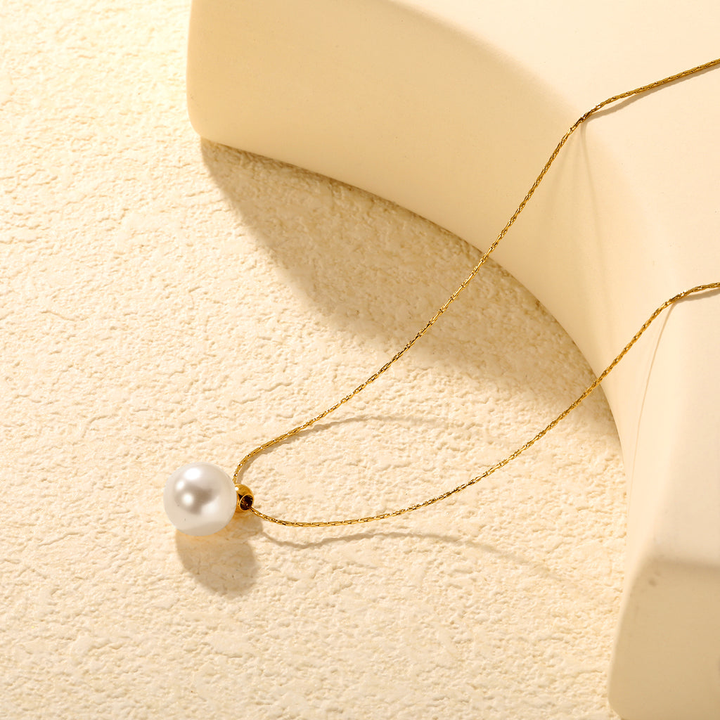 4mm Open-Hole Steel Bead with 10mm Pearl Pendant, 0.3mm Cross Hammer Round End Cap Necklace, Gold