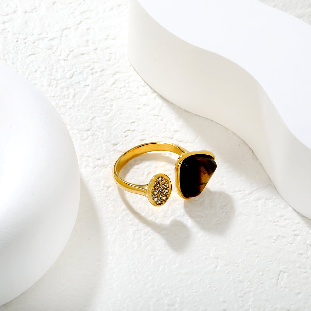 14mm Triangle Tiger's Eye + Czech White Imitation Diamond Open Ring Gold 7#