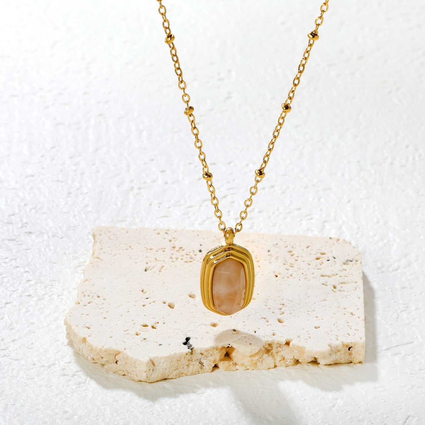 12.6*19mm Rose Quartz Stone Pendant 0.4mm Bead Chain Round Tag Necklace Gold asonjewelry