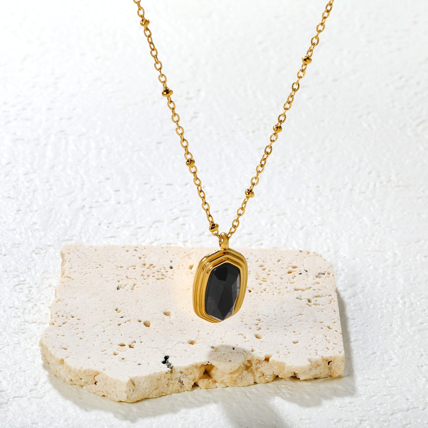 12.6*19mm Black Agate Stone Pendant 0.4 Clip Bead Chain Round Tag Necklace Gold asonjewelry