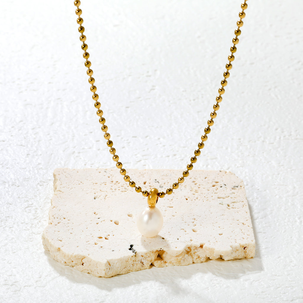 9*11mm Freshwater Pearl Pendant with 2mm Bead Chain and Round End Cap Necklace, Gold