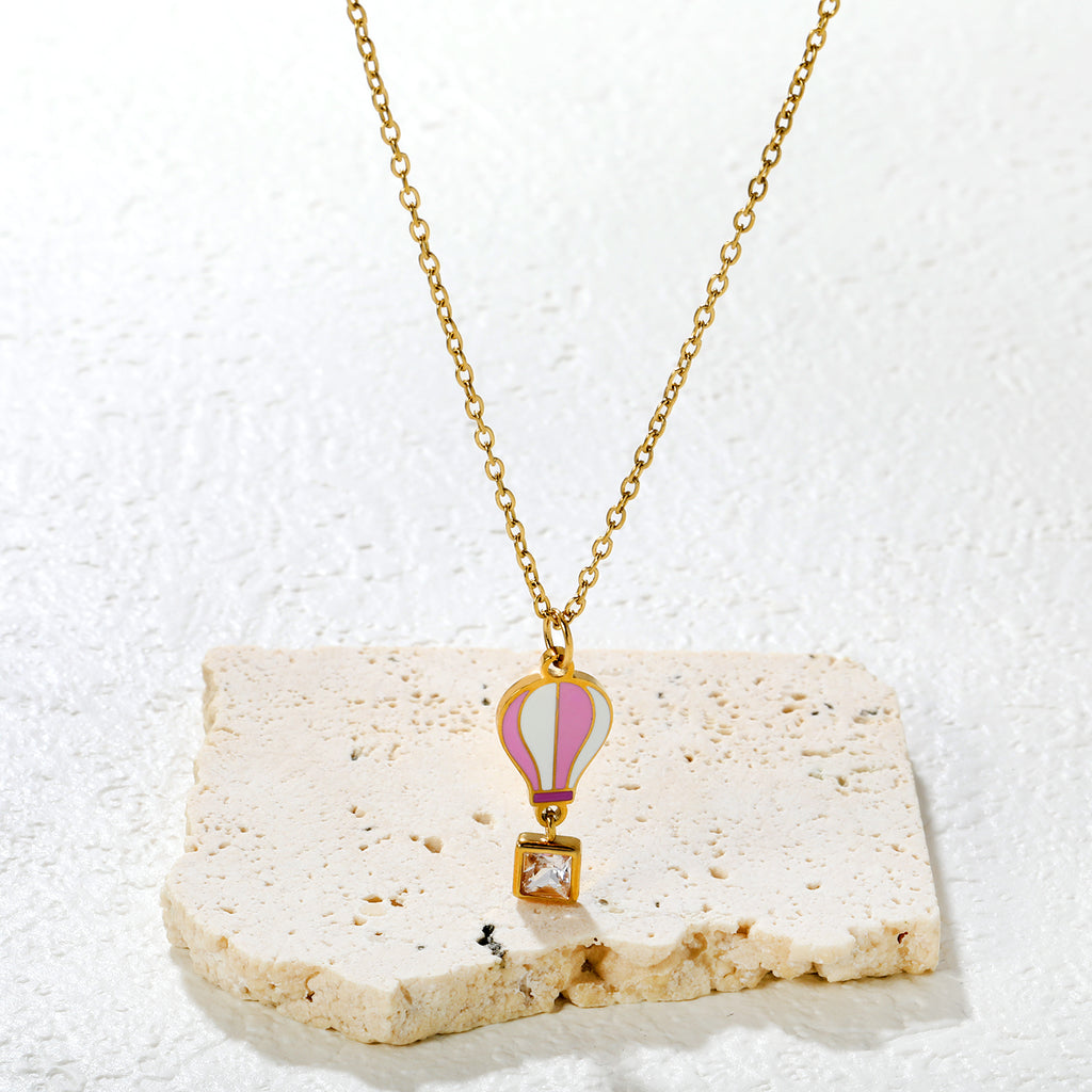 6mm Diamond 10*13mm Hot Air Balloon Pendant 0.4mm Cross Chain Round End Cap Necklace Gold