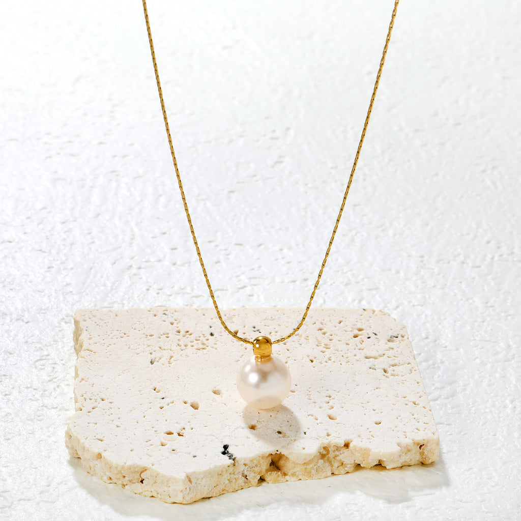 4mm Open-Hole Steel Bead with 10mm Pearl Pendant, 0.3mm Cross Hammer Round End Cap Necklace, Gold