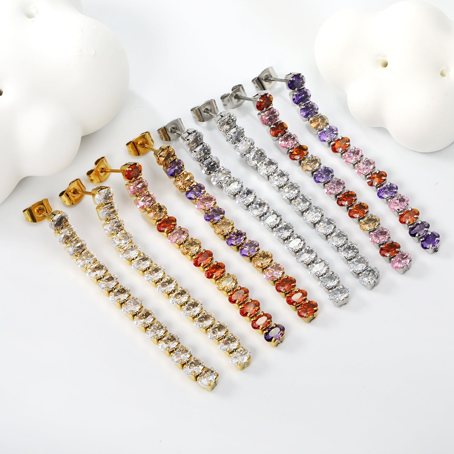 Earrings oval white diamonds Length 5.5cm Gold/Steel asonjewelry