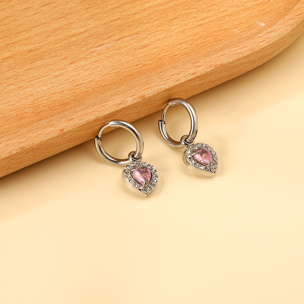 2x13mm circle with heart-shaped diamond + white diamond hoop earrings