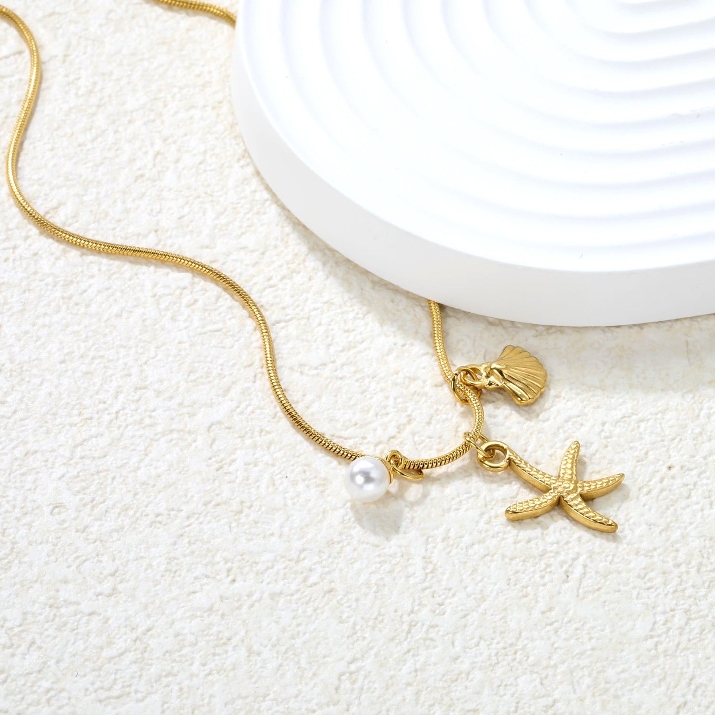 15 x 20.7mm Starfish + 10.1 x 11.4mm Shell + 5.6mm Pearl Accessories 1.2mm Round Snake Chain 40+5cm+6mm Necklace Gold asonjewelry