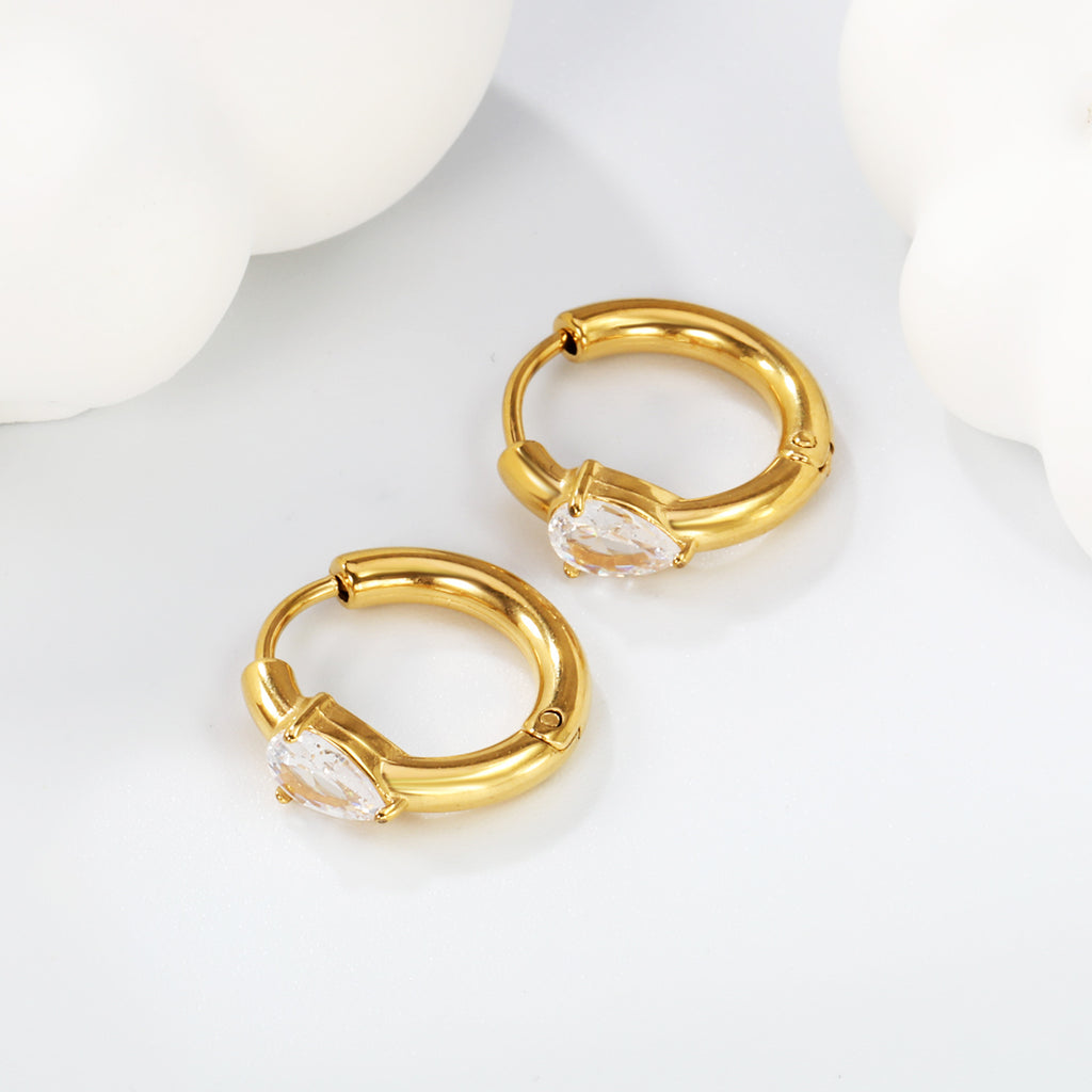 4.8*6.4-6.8mm teardrop shaped three claw white zirconium earrings 2.2-2.5*inner diameter 10-11mm steel color/golden color