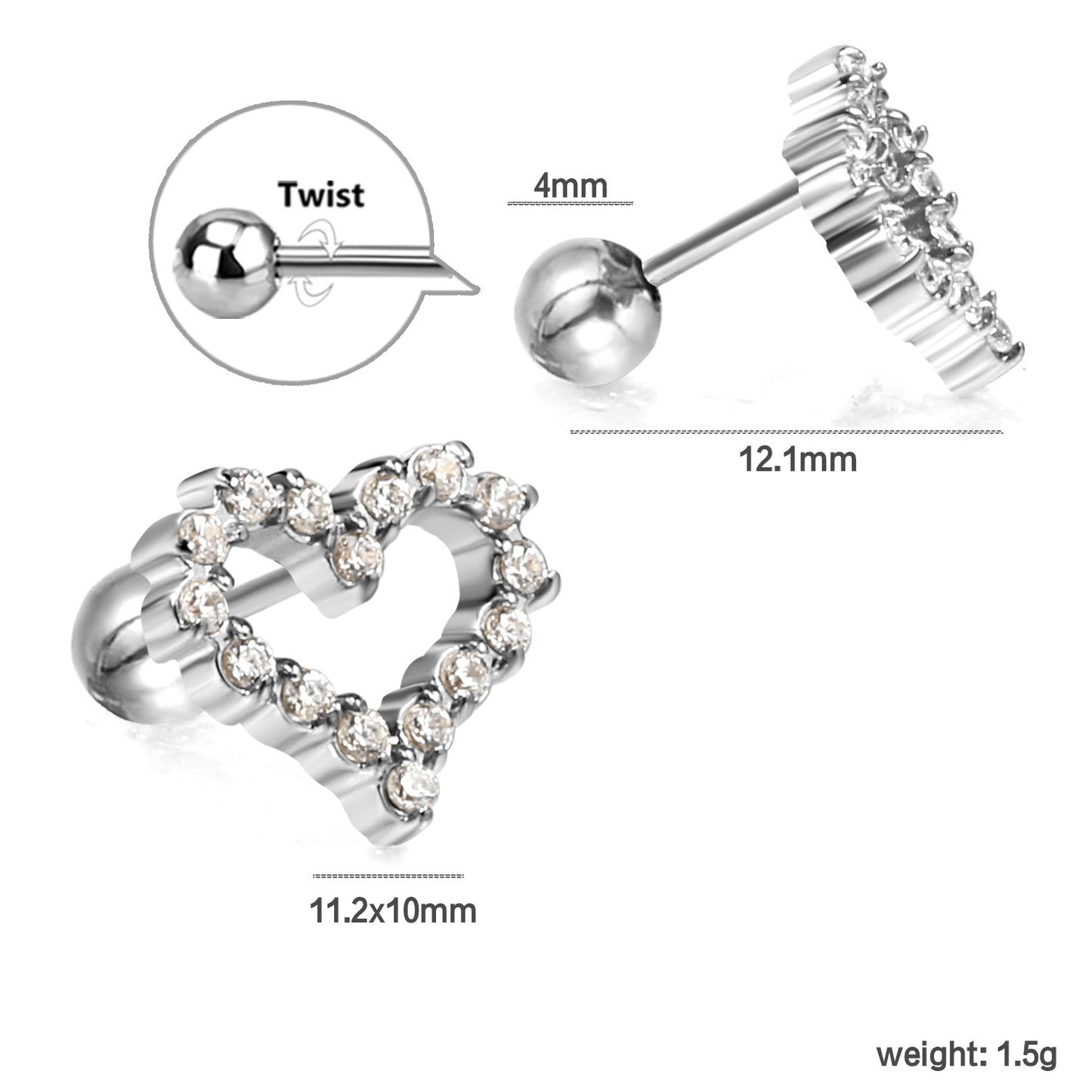 Steel ball screw-in heart shaped hoop earrings with white diamonds 11.2*10mm asonjewelry