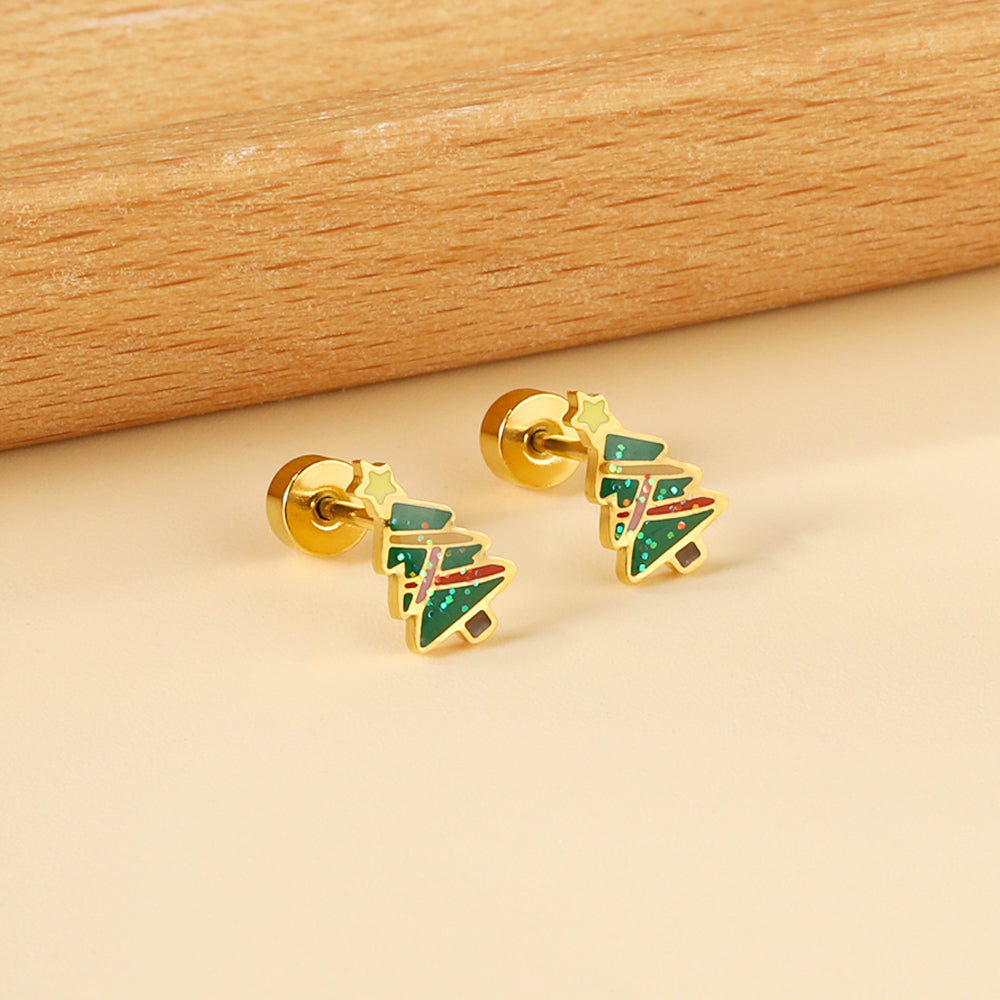 Boucles d'oreilles à tige en forme de sapin de Noël avec bouchons à vis, couleurs mélangées