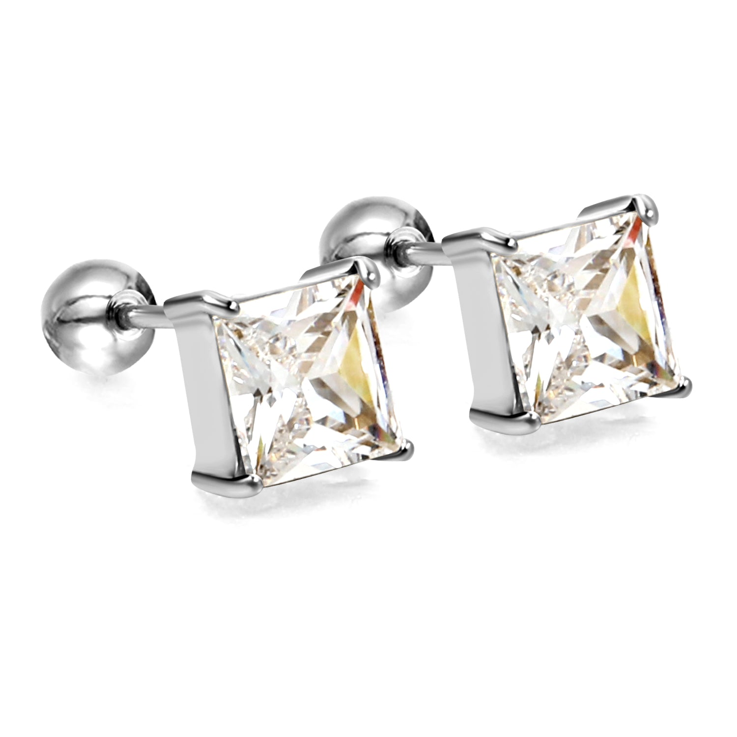 Steel Bead Screwback Square Stud Earrings with White Diamonds 6.9mm asonjewelry