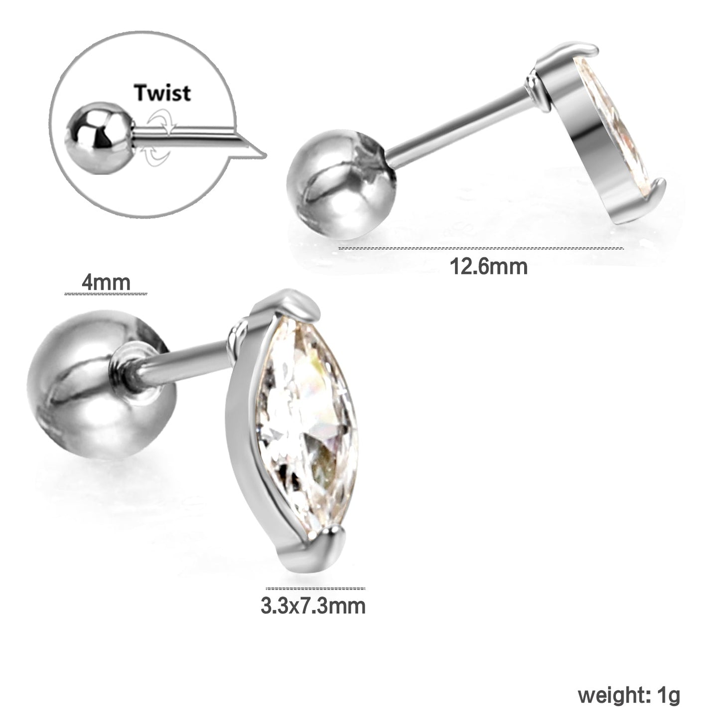 Steel Beads Screwback Horse Eye Earrings with White Diamonds 3.3*7.3mm asonjewelry