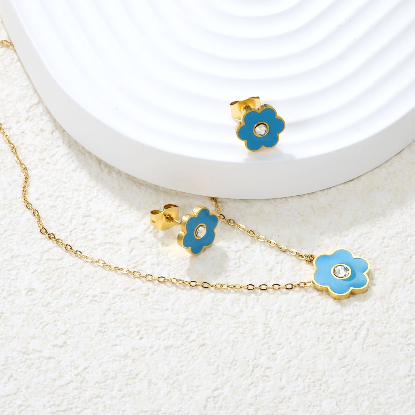 Pink/Light Blue Flower Drip Oil with Diamond Set Gold Earring: 9x10mm Pendant: 12x12mm 0.3mm Cross Chain 40+5cm + 6mm Round Pendant asonjewelry