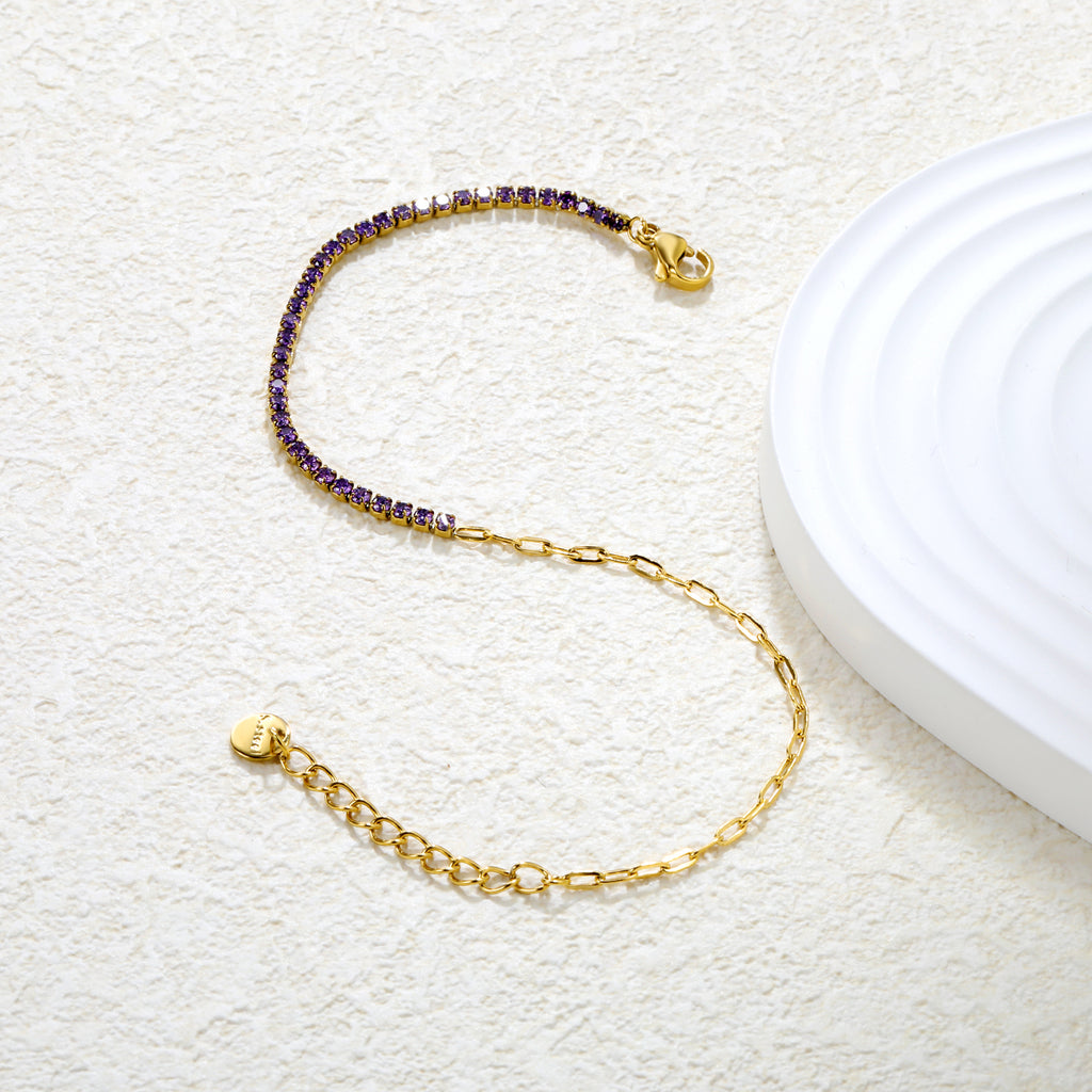 2mm white/black/purple/pink/light blue four-prong round zirconia 18+3cm+6mm round pendant bracelet, gold