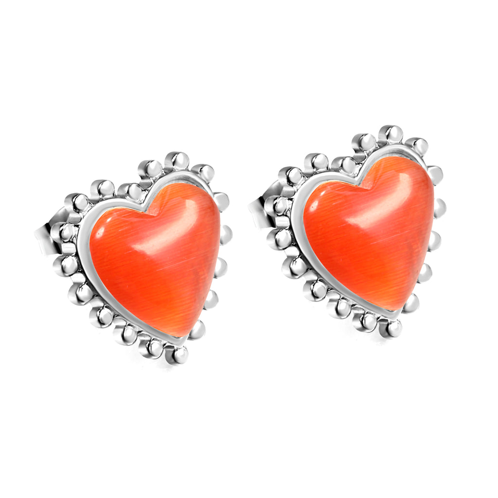 Loose Bead Edge Heart with White / Black / Red / Green Cat's Eye Stones Earrings 17.8*17.5mm