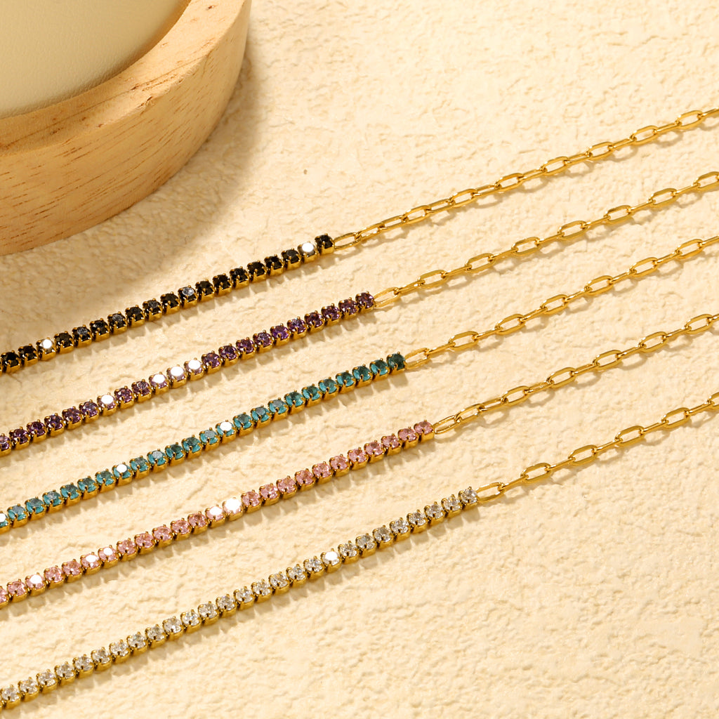 2mm white/black/purple/pink/light blue four-prong round zirconia 18+3cm+6mm round pendant bracelet, gold