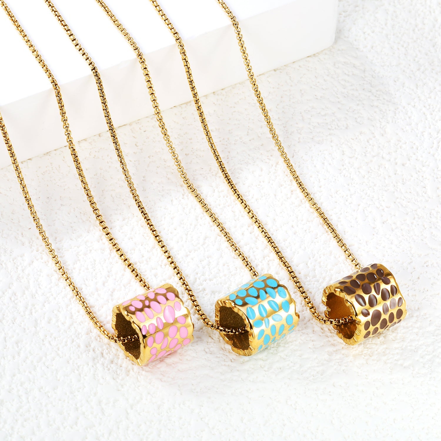 11*12mm hollow cylinder with light curry/pink/blue speckled oil drop pendant necklace 1.2 square pearl chain 40+5cm+6mm round piece gold color asonjewelry