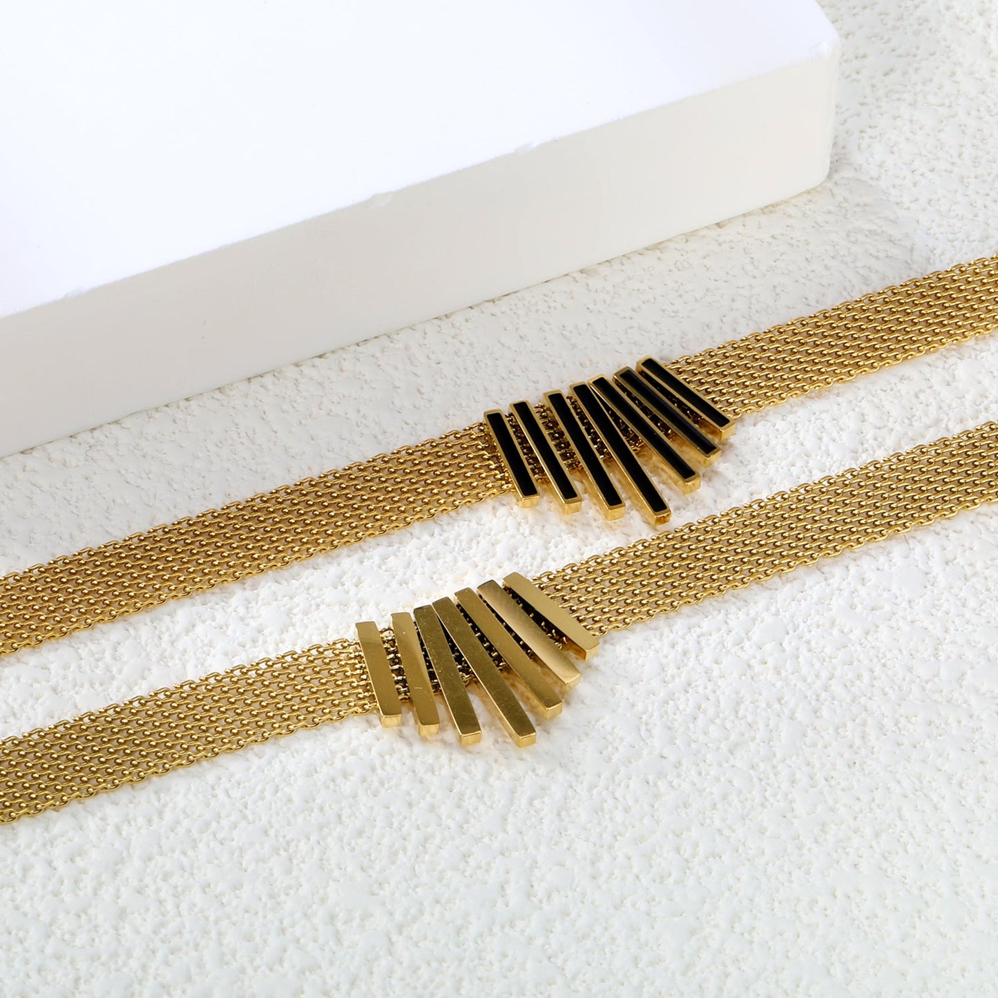 22*18mm black oil drop/golden long and short vertical bar accessories 8mm mesh chain necklace 40+5cm+6mm round plaque gold color asonjewelry