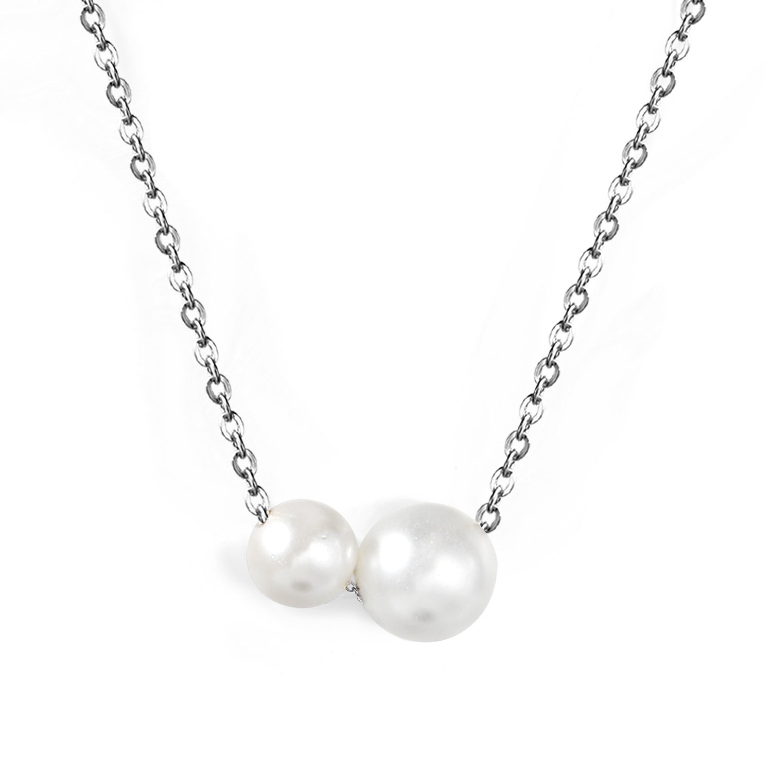 2 large and small white pearls 6.4+8mm necklace 44+5cm steel color asonjewelry