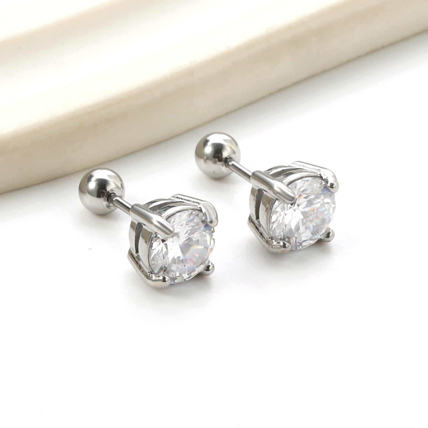 Steel Bead Screwback Round Earrings with White Diamonds 6.9mm asonjewelry