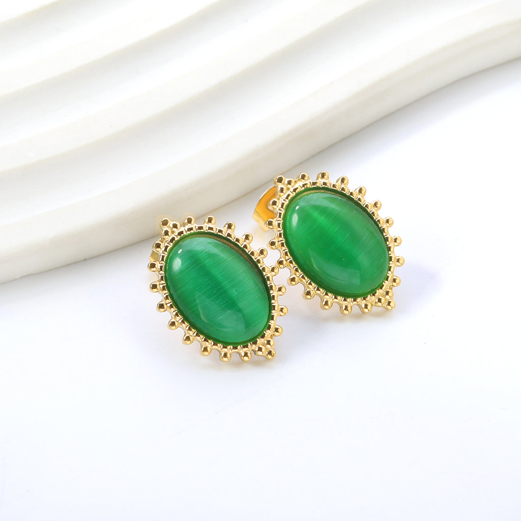 Loose Bead Edge Oval with White / Black / Red / Green Cat's Eye Stones Earrings 14.8*21mm