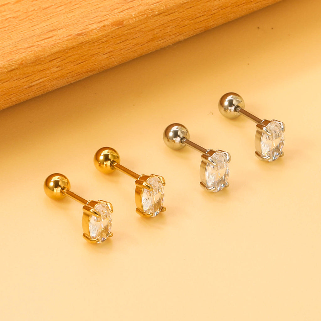 Steel ball screw-in oval earrings with white diamonds 4*6mm