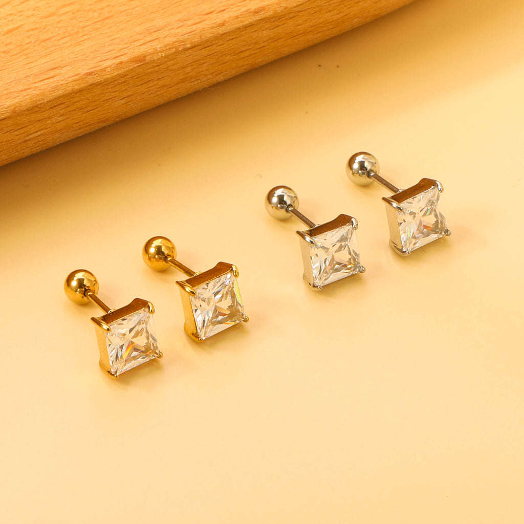 Steel Bead Screwback Square Stud Earrings with White Diamonds 6.9mm