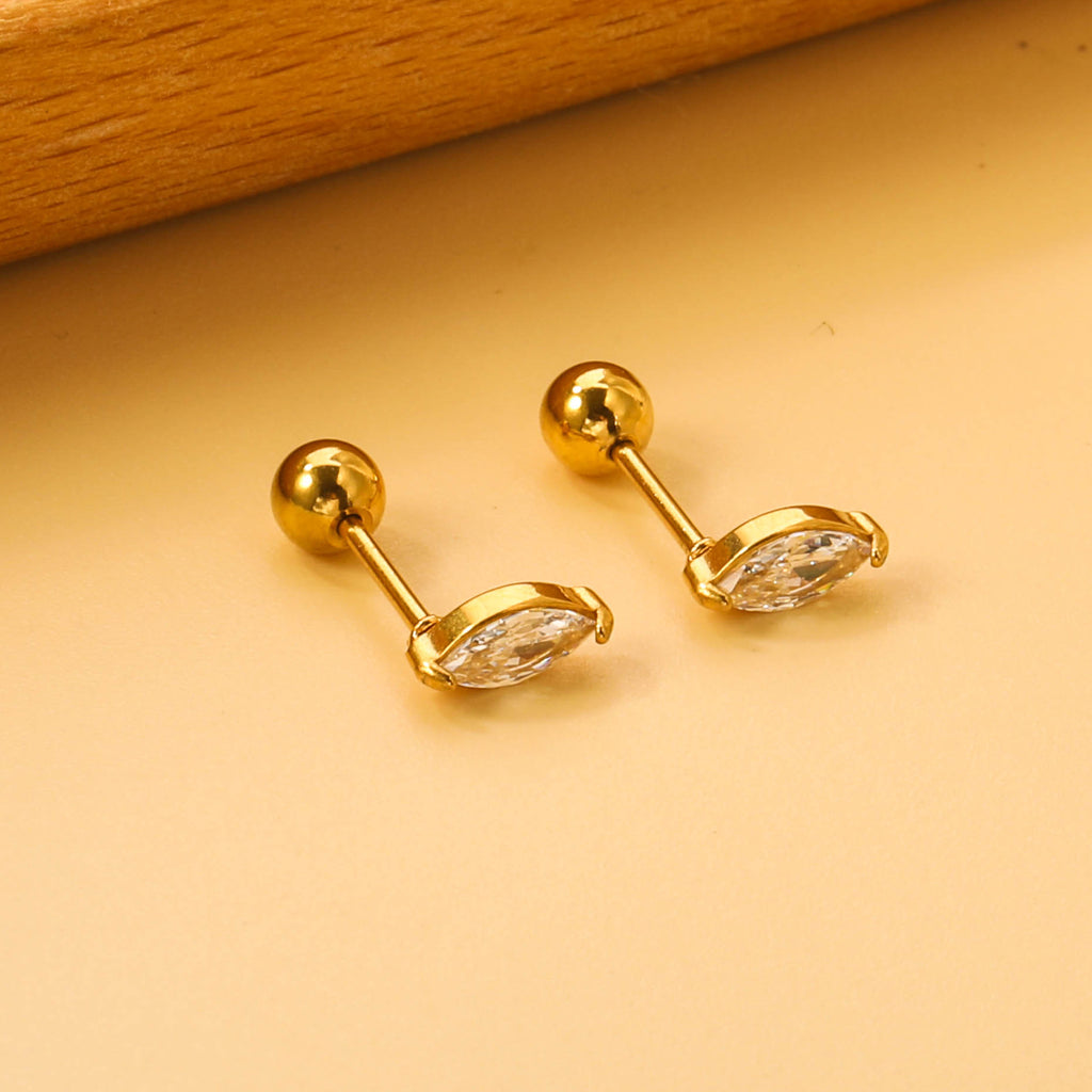 Steel Beads Screwback Horse Eye Earrings with White Diamonds 3.3*7.3mm