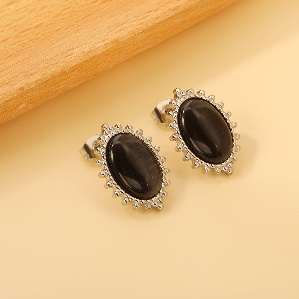 Loose Bead Edge Oval with White / Black / Red / Green Cat's Eye Stones Earrings 14.8*21mm