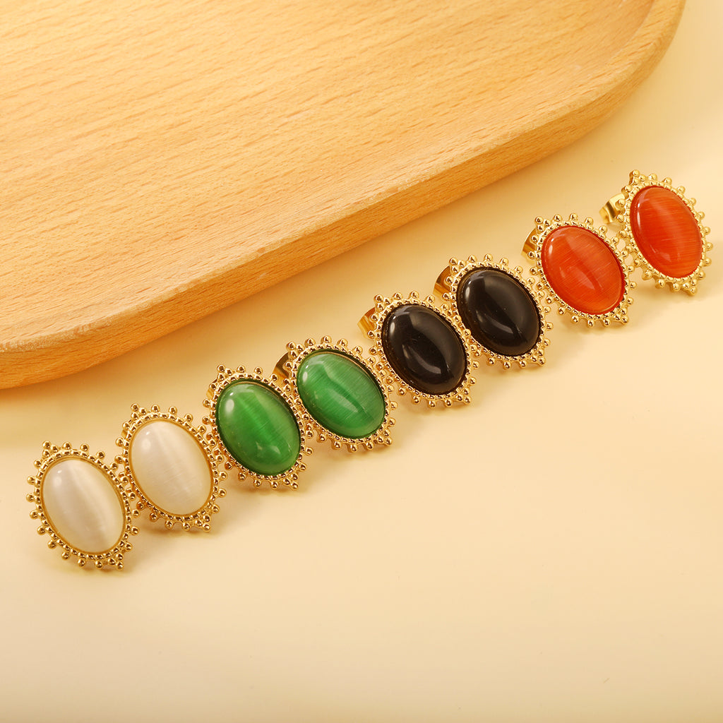 Loose Bead Edge Oval with White / Black / Red / Green Cat's Eye Stones Earrings 14.8*21mm