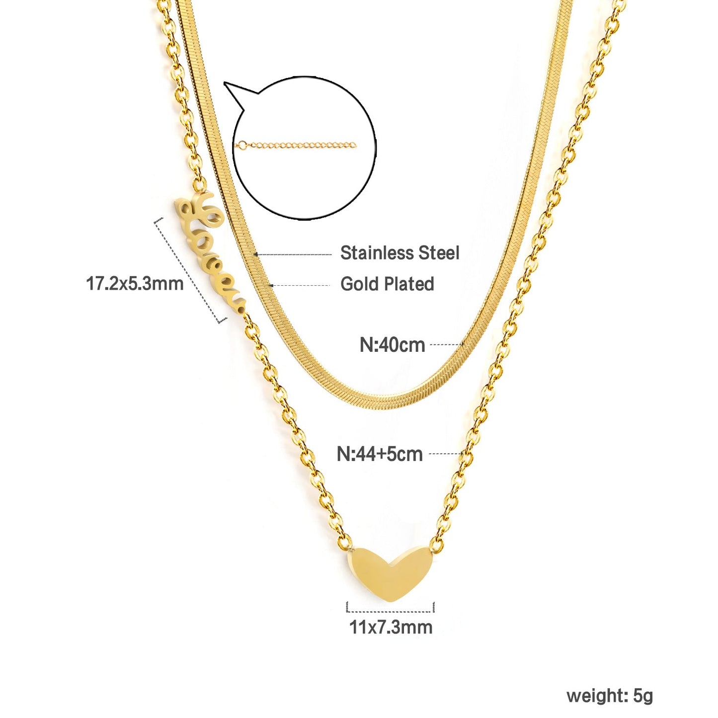 Heart 11*7mm+love engraved 17*5mm pendant with chain double chain necklace 41+45+5cm gold color asonjewelry