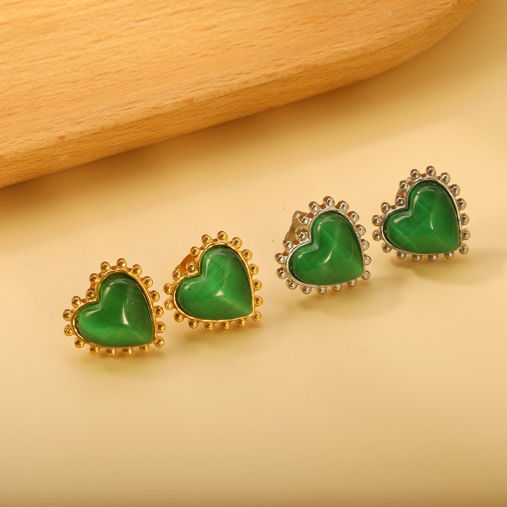 Loose Bead Edge Heart with White / Black / Red / Green Cat's Eye Stones Earrings 17.8*17.5mm