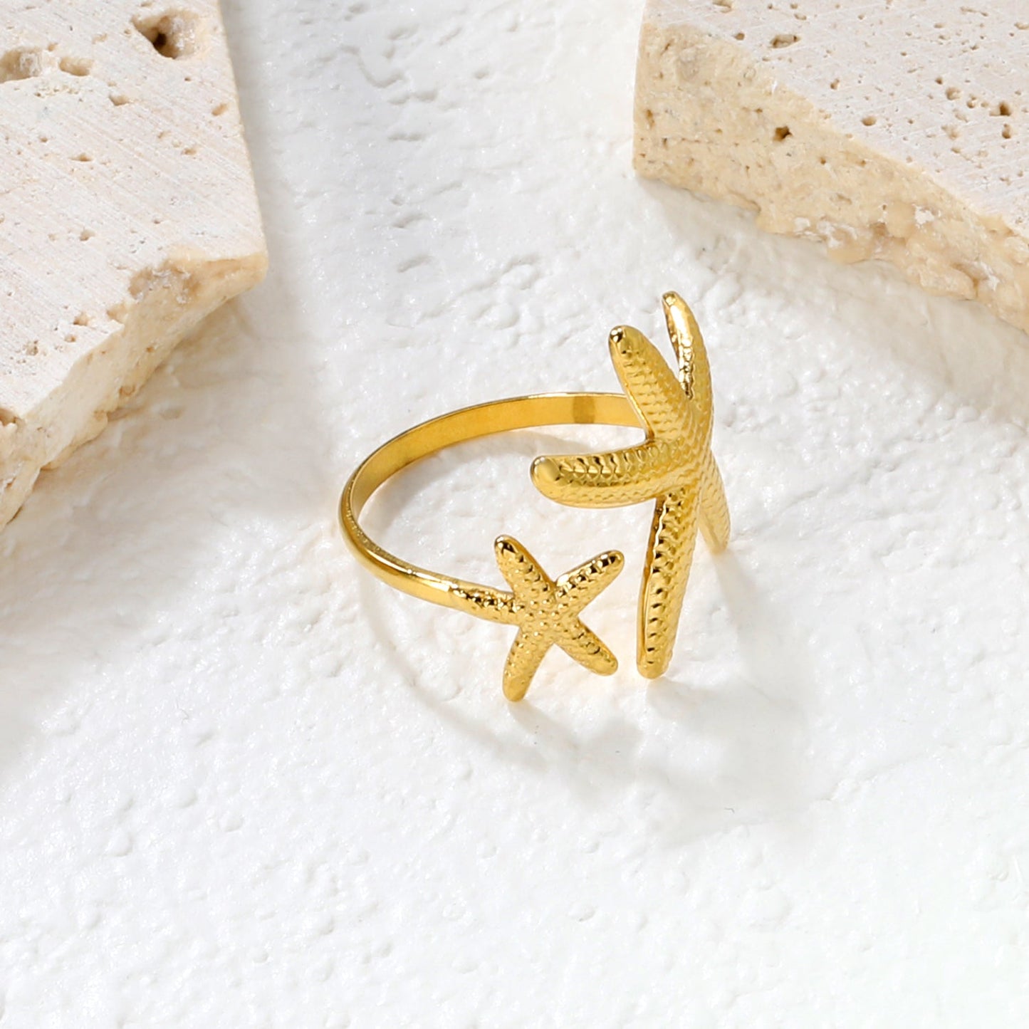 2-Piece Gold Ocean Ring Set: Starfish, Shell & Double Starfish Designs asonjewelry