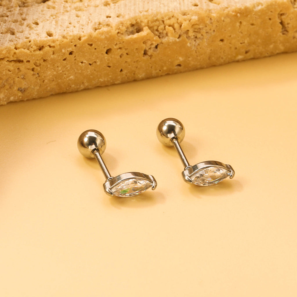 Steel Beads Screwback Horse Eye Earrings with White Diamonds 3.3*7.3mm