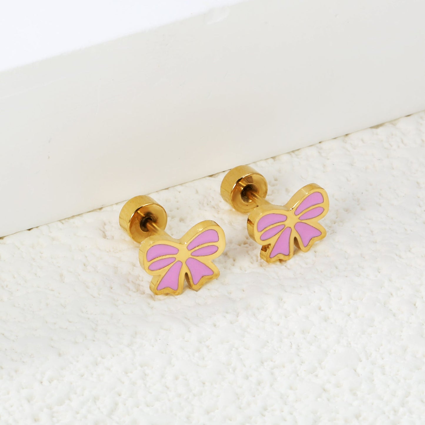 Screw plug 0.8*8mm needle 8*6mm bow with pink and purple drop earrings gold color asonjewelry
