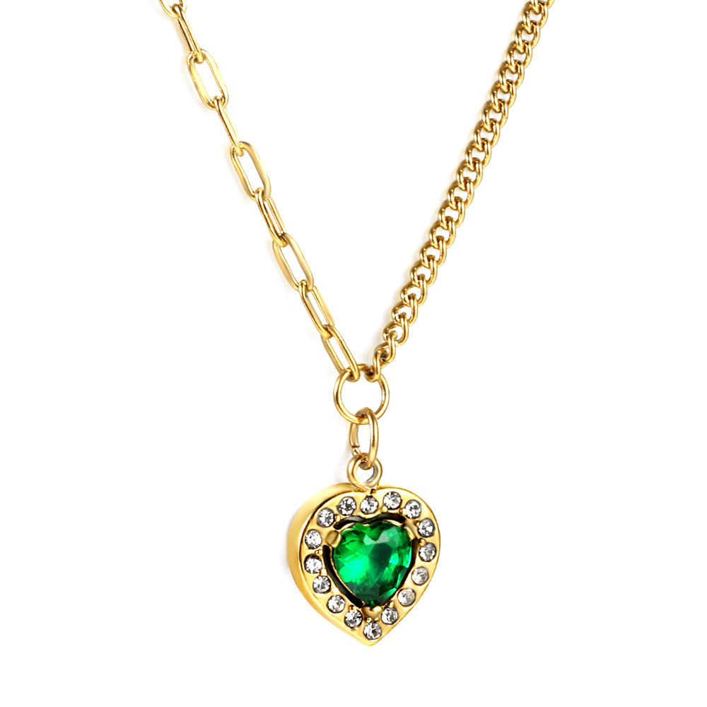 Spring 2024 Heart Green Diamond + White Diamond Ring Pendant Necklace 44+5cm asonjewelry