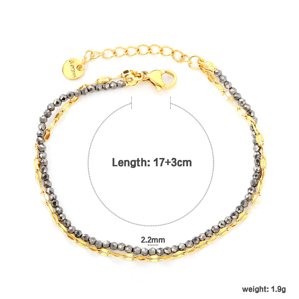 2.2mm mine black bead chain + lip chain 17+17+3cm+6mm round sign double chain bracelet steel/golden