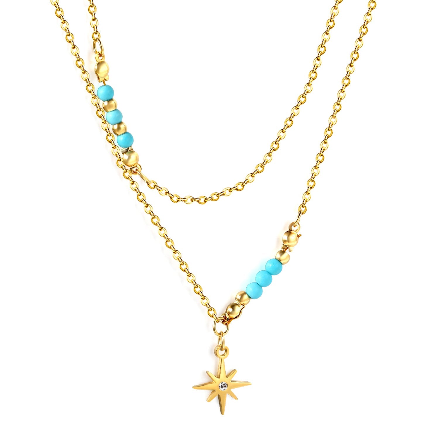 Octopus with diamonds accessories 12 * 12mm + 6 lake blue beads 3.2mm + 4 steel beads 3mm with chain double chain 45 + 38 + 5cm gold color asonjewelry